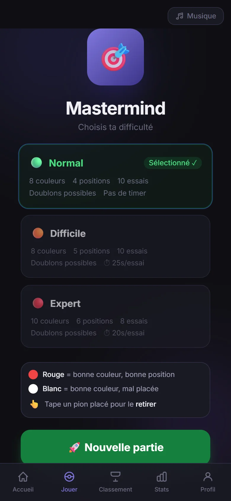 Choix du niveau : Normal, Difficile, Expert